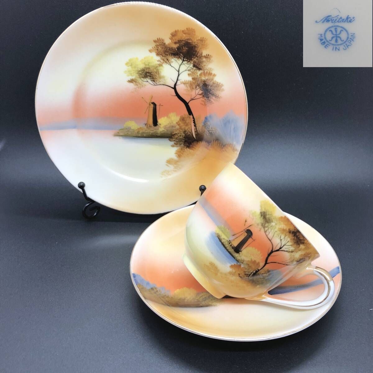 オールドノリタケ 夕暮 湖畔風景 キャビネットトリオ マルキ印 芸術的