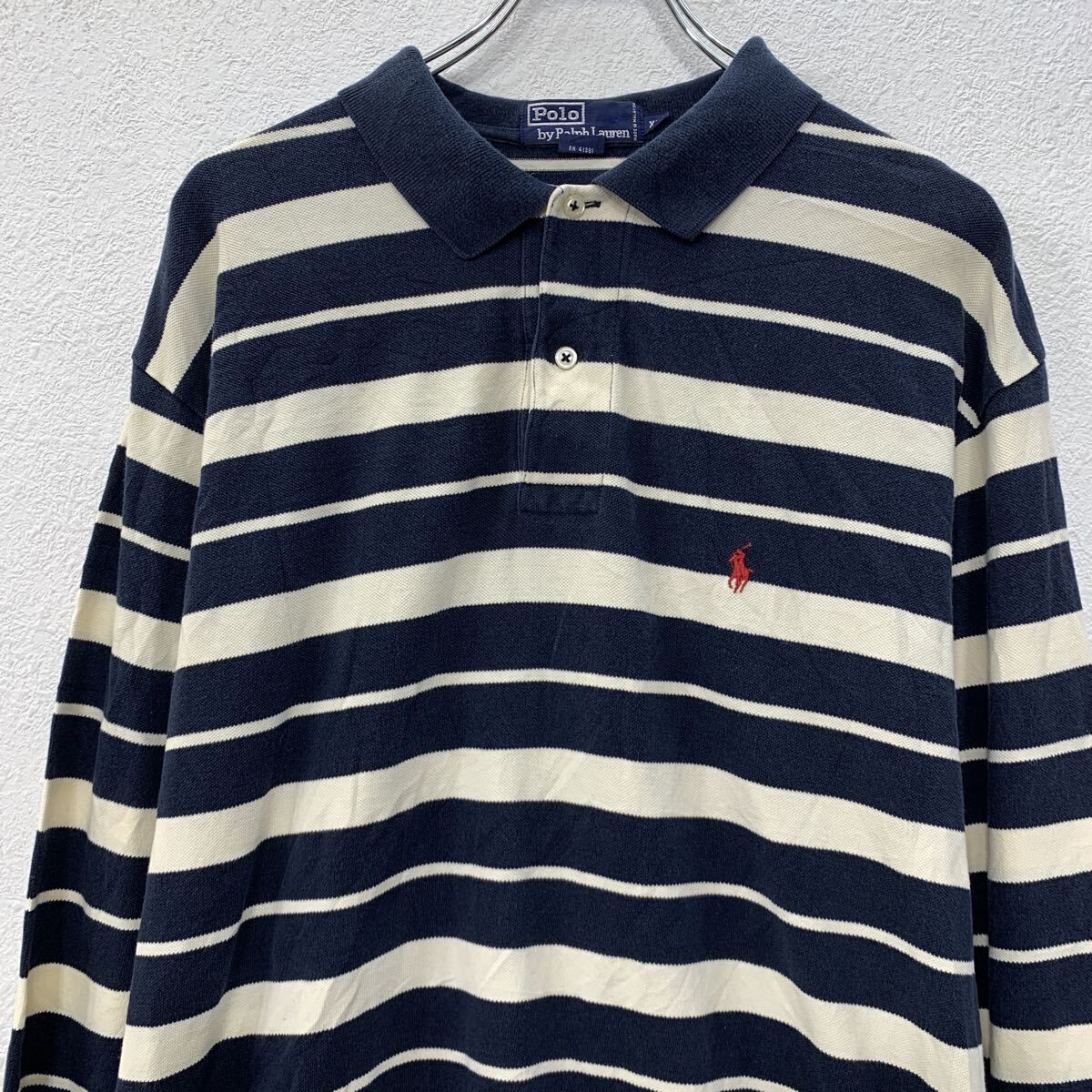 90s POLO RALPH LAUREN 長袖 ポロシャツ XL ホワイト ネイビー ポロ