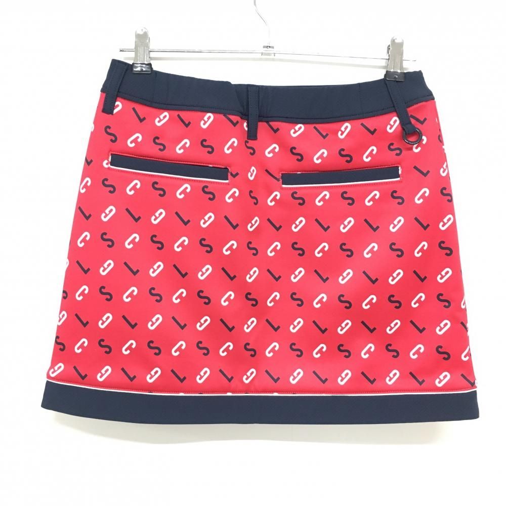 超美品】ルコックゴルフ スカート レッド×ネイビー 英字総柄 裏起毛 裾