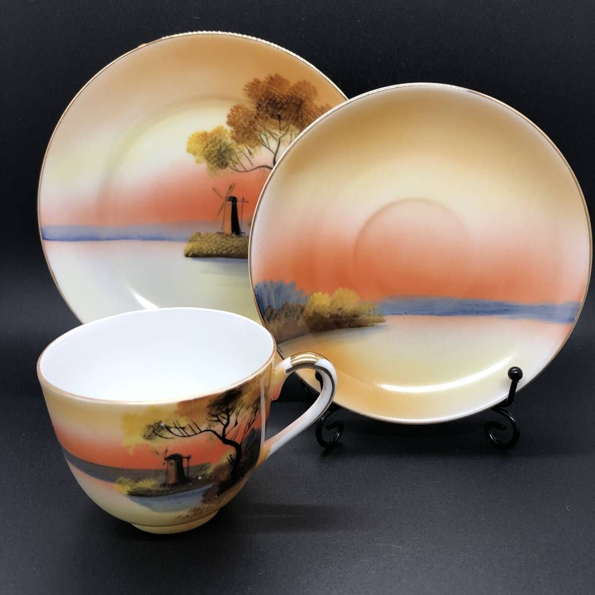 オールドノリタケ 夕暮 湖畔風景 キャビネットトリオ マルキ印 芸術的