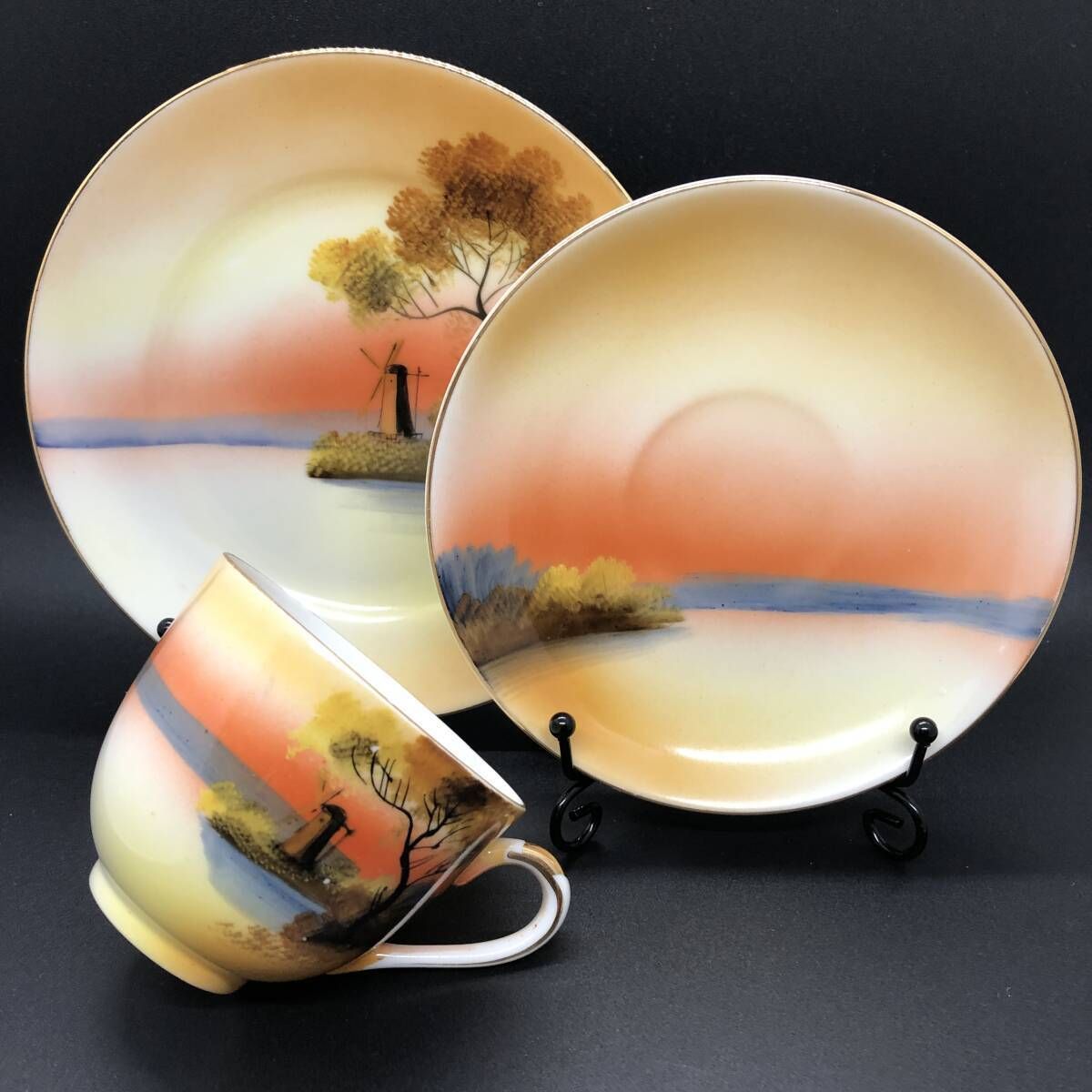オールドノリタケ 夕暮 湖畔風景 キャビネットトリオ マルキ印 芸術的