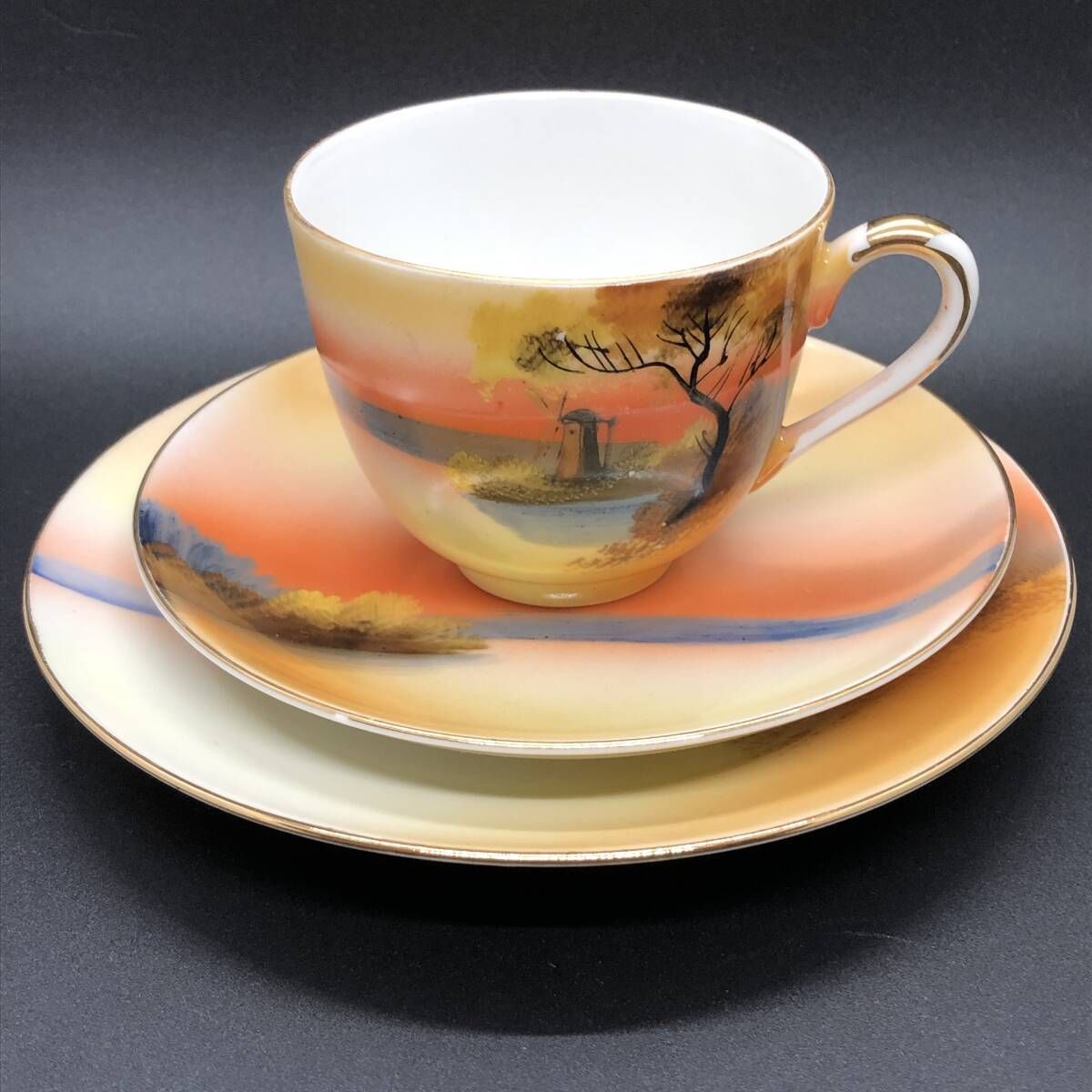 オールドノリタケ 夕暮 湖畔風景 キャビネットトリオ マルキ印 芸術的