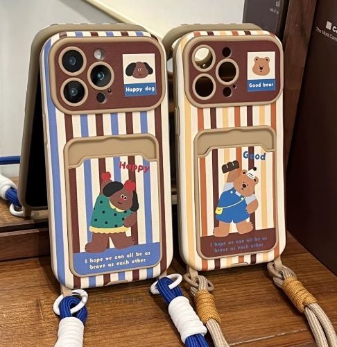 大きな窓付きカードケース ストライプくま柄 iPhoneケース ストラップ対応 新作 iPhone 17 / 16 / 15 Pro Max / 14 / 13対応