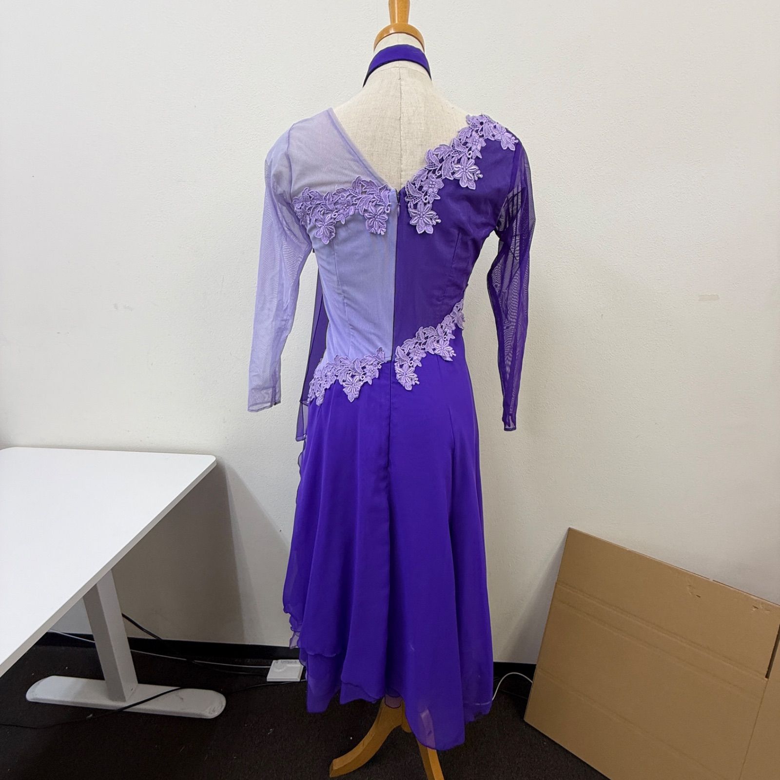 社交ダンス ダンス衣装 ワンピース ドレス 紫 袖レース 七分袖 胸