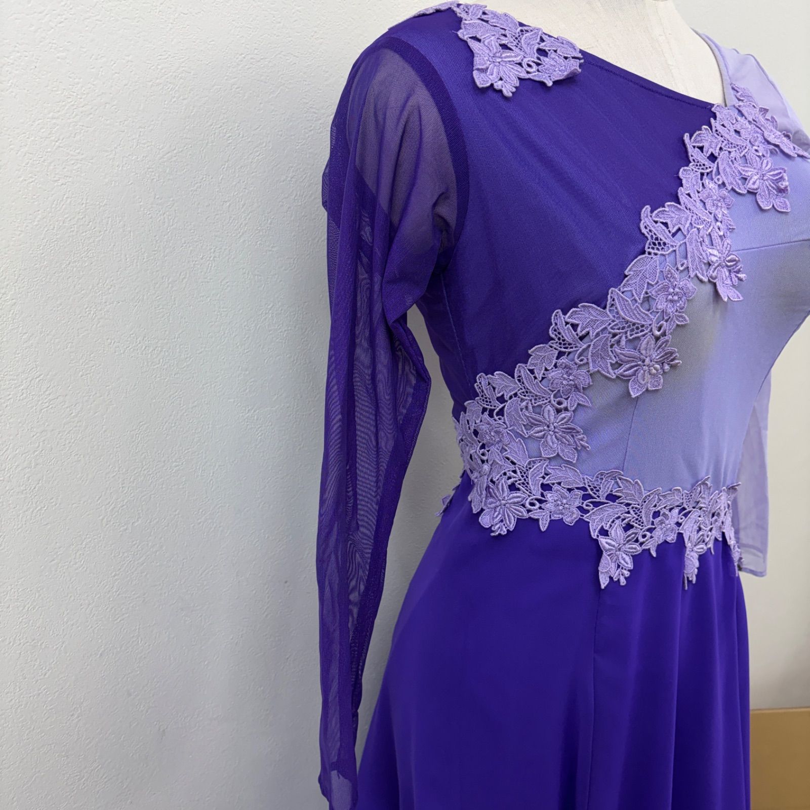 紫社交ダンスドレス7部袖セットアップ 社交ダンス ダンス衣装 ワンピース ドレス 紫 袖レース 七分袖 胸