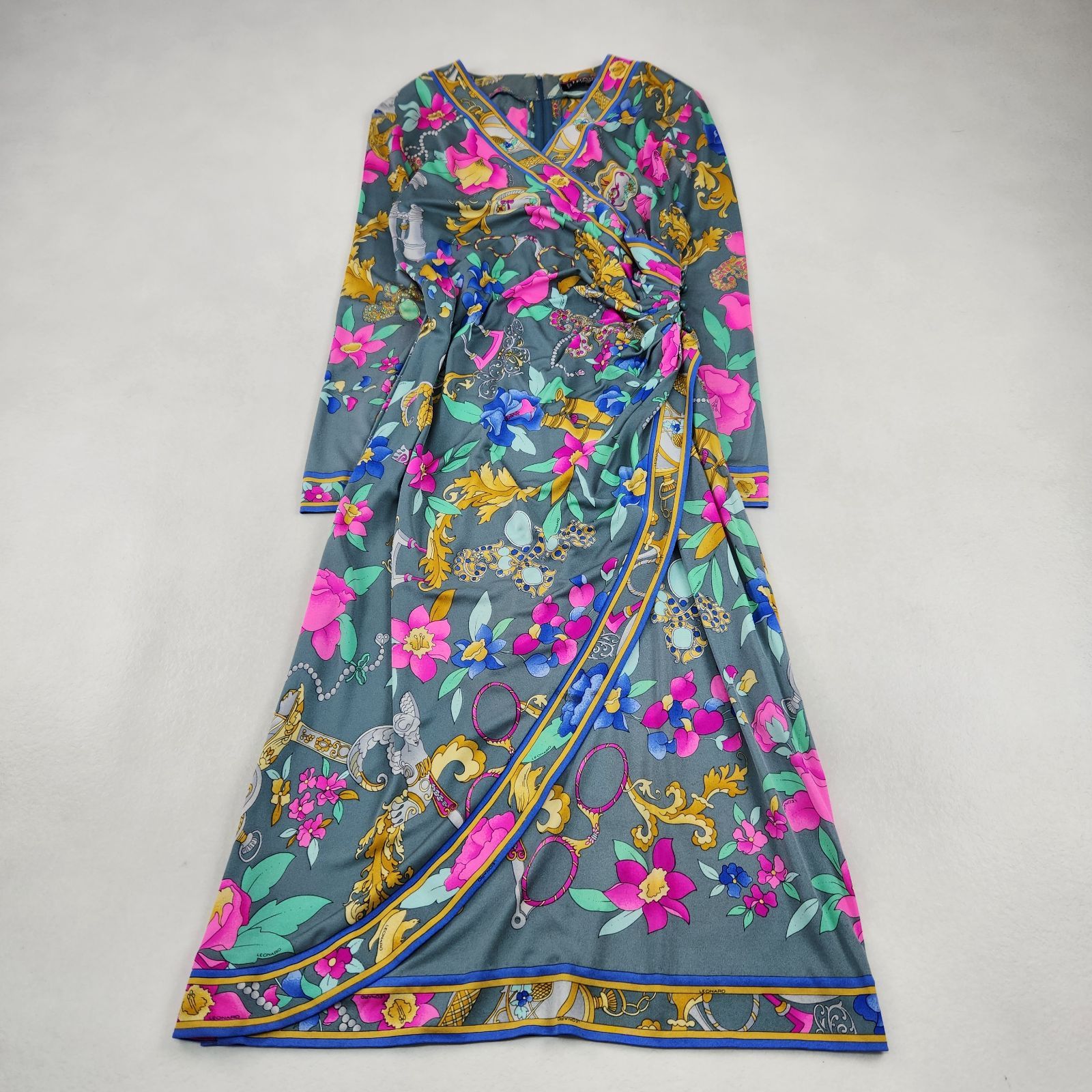 ♦︎LEONARD ♦︎多色花柄 長袖ロングワンピース LEONARD ロングワンピース 巻きスカート シルク100 花柄 13 XL相当