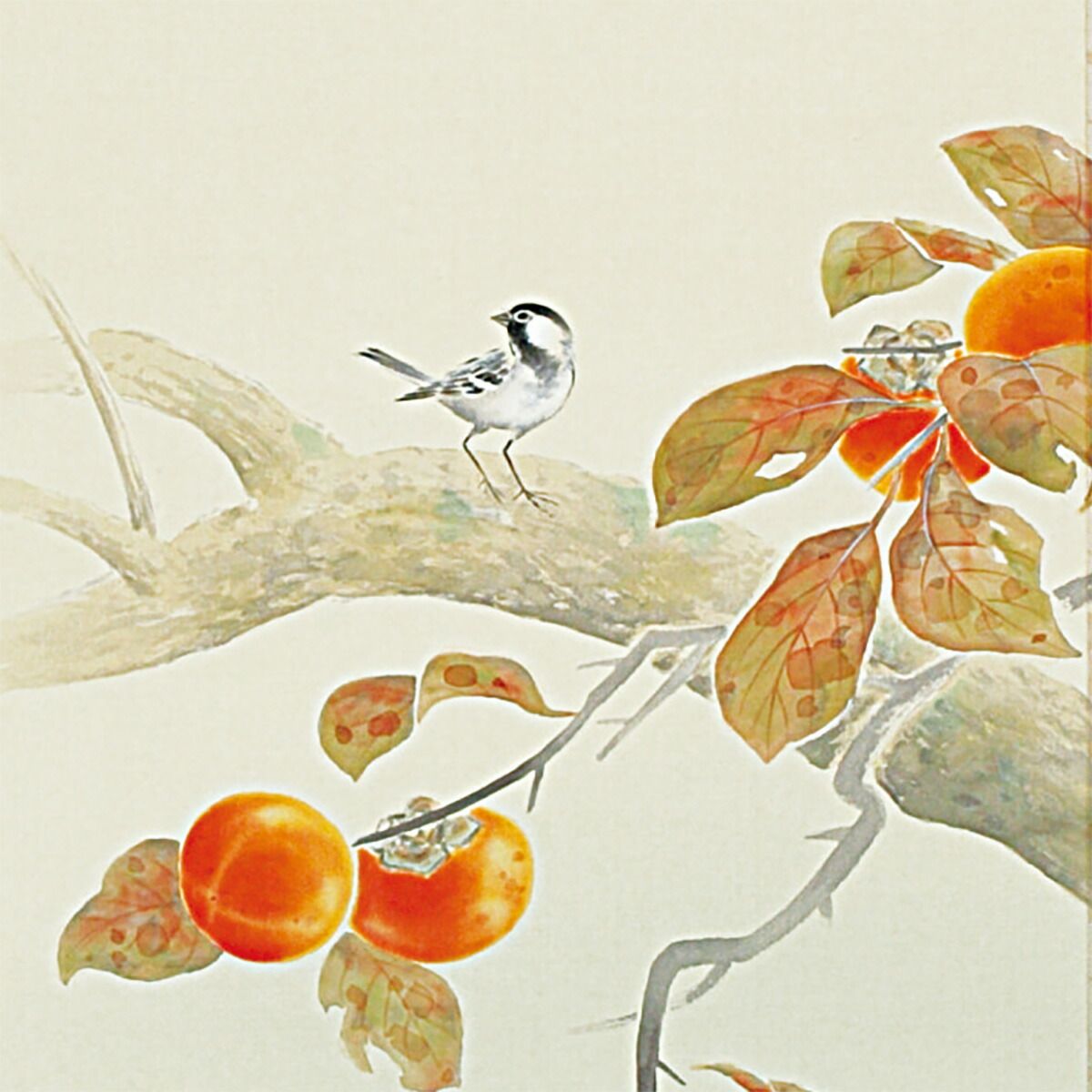 手描き 掛け軸 「柿に小禽」北条静香 尺五立 幅54.5×丈190cm 桐箱収納