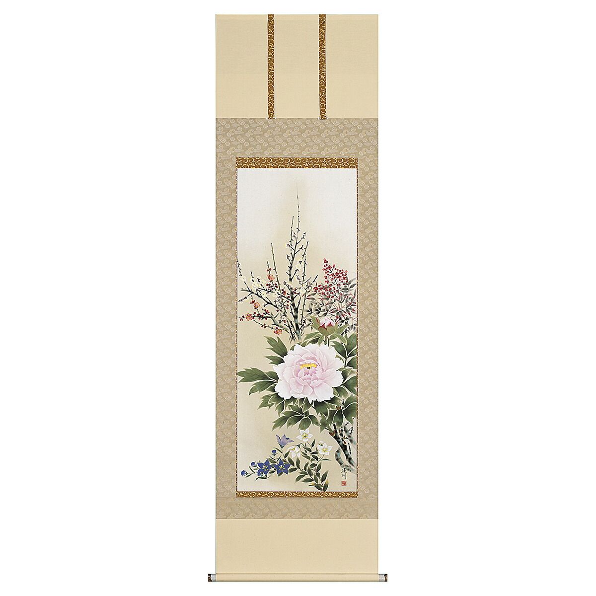 手描き 掛け軸 「四季花」中村遠州 尺五立 幅54.5×丈190cm 桐箱収納
