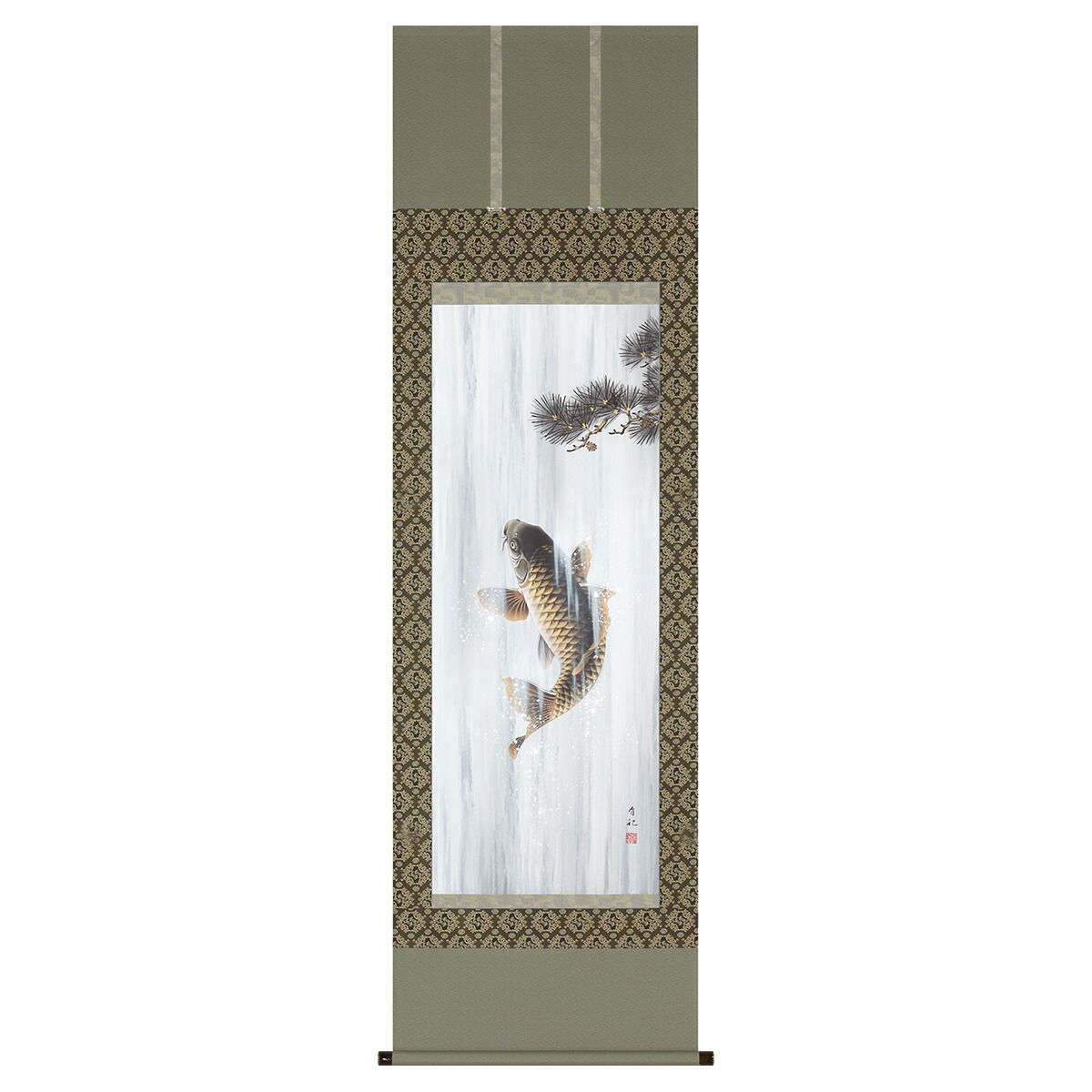 手描き 掛け軸 「松鯉登流図」神田有記 尺五立 幅54.5×丈190cm 太巻桐