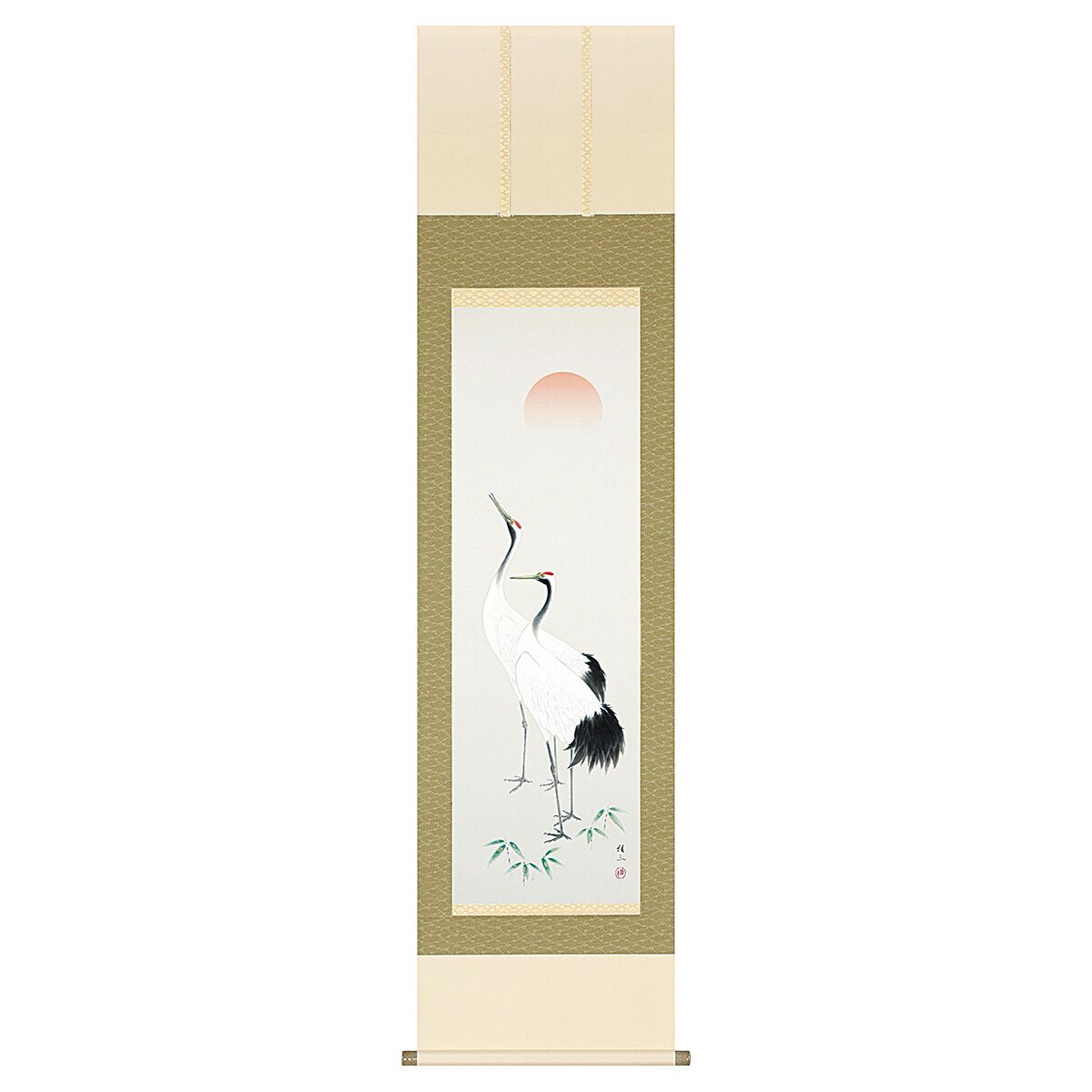 手描き 掛け軸 「双鶴」佐藤桂三 半切立 幅47×丈190cm 桐箱収納 モダン