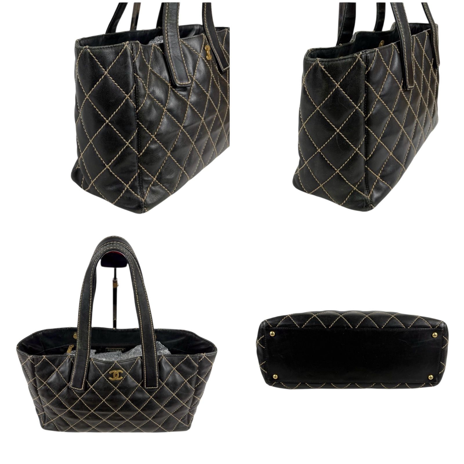 CHANEL 黒 キルティング ハンドバッグ　ワイルドスティチ？ シャネル CHANEL ワイルドステッチ ハンドバッグ レザー ブラック