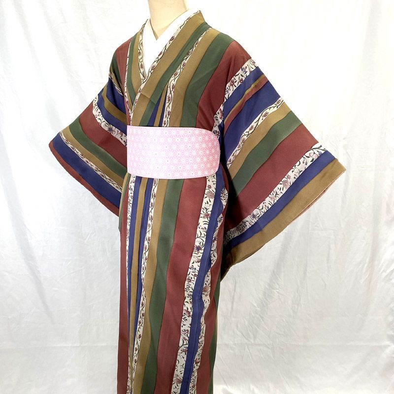 601af18△アンティーク着物 縞 花唐草 金糸 大正ロマン 昭和レトロ