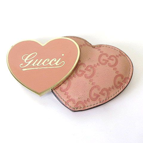 Gucci ハート型ミラー ケース付き グッチ GUCCI コンパクトミラー ハート型 手鏡 GG シマ レザー ケース