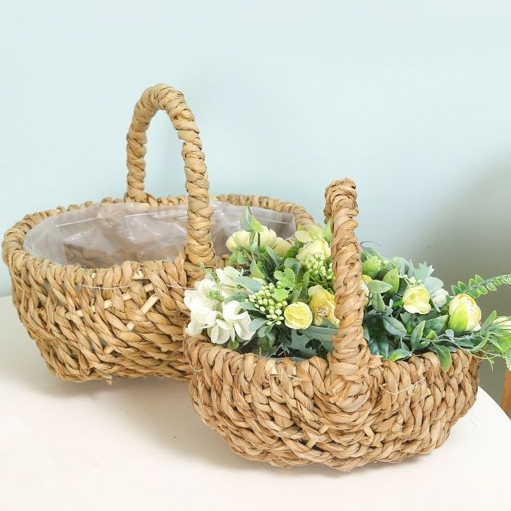 【新品?未使用】 フラワーバスケット 編みかご 小さいサイズ 大きいサイズ ナチュラル プランター 鉢植え 藁 わら ガーデニング 雑貨 ガー