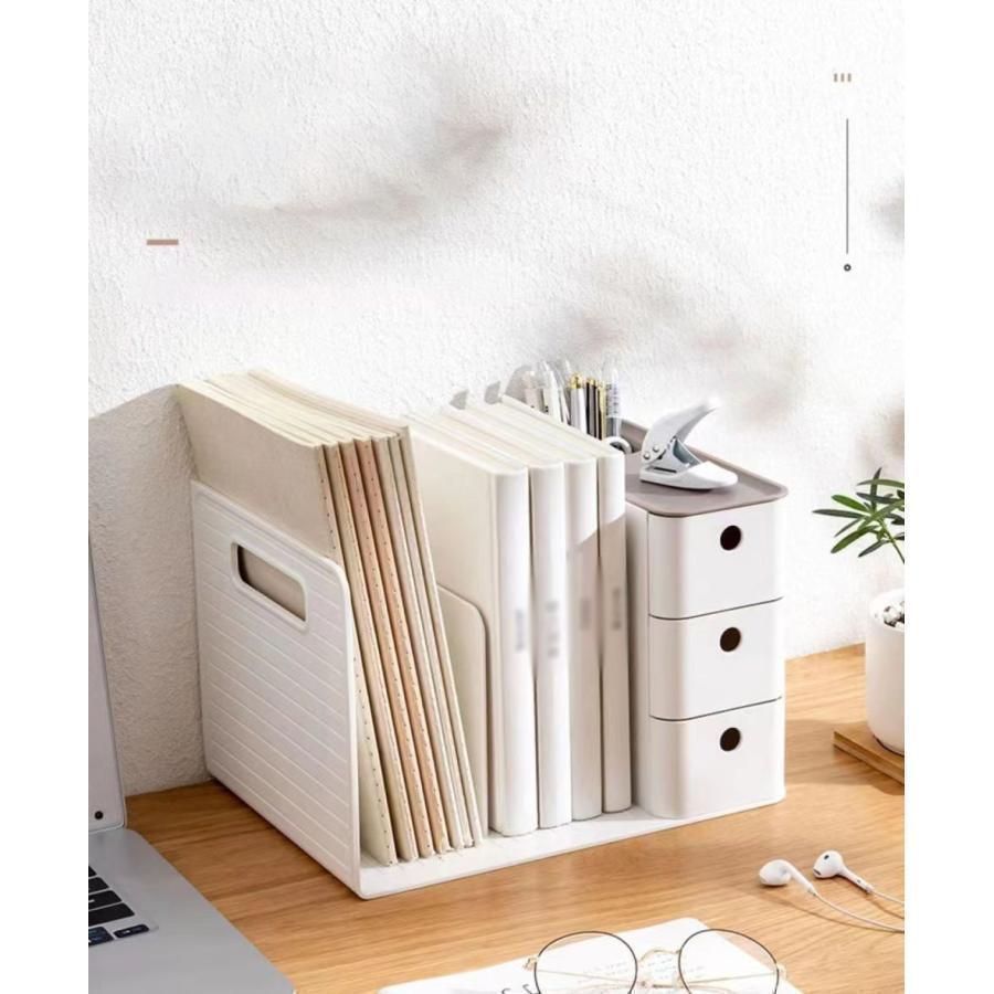 【新品?未使用】 卓上収納ボックス 本立て 一体型 引き出し付き ブックスタンド デスク収納 机上 本棚 卓上収納ラック ペンスタンド 書類ホ