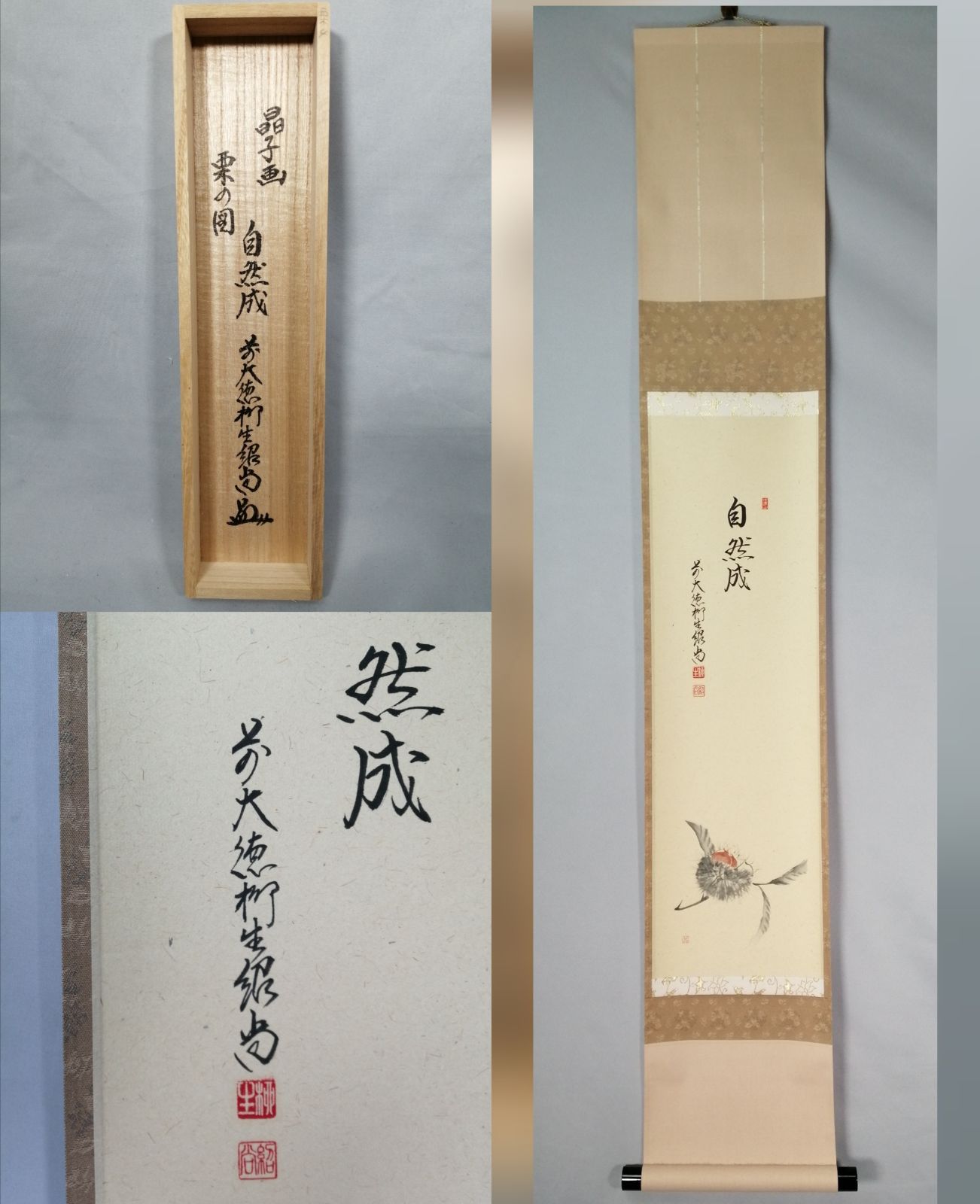 茶道具】大徳寺 橋本紹尚和尚筆 栗画賛『自然成』 茶掛 掛軸 軸C185