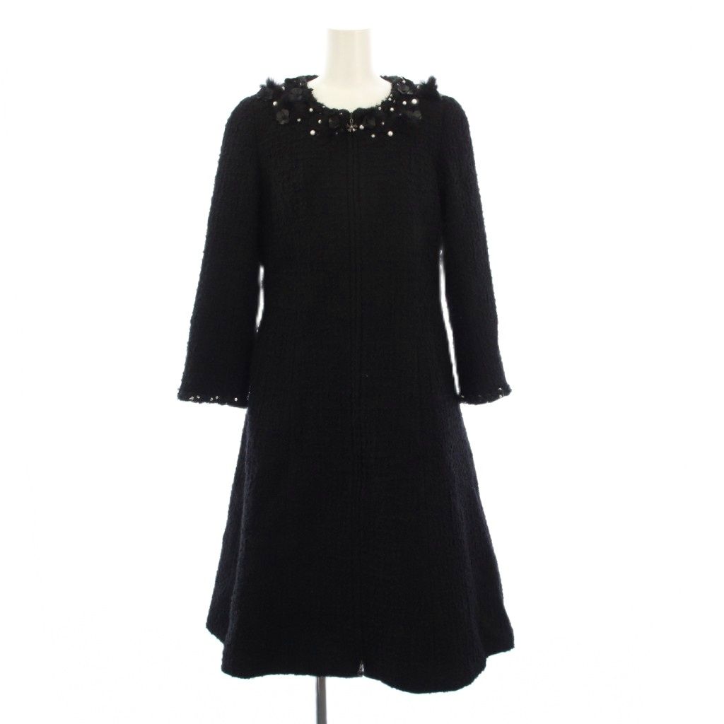 ルネ Rene 25AW ノーカラーコート ツイード ロング 刺繍 ファー 34 黒