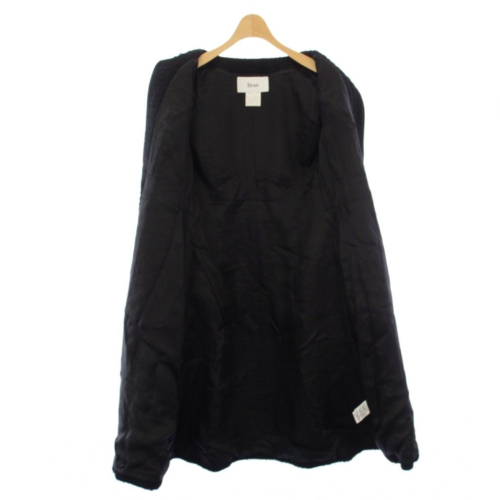 ルネ Rene 25AW ノーカラーコート ツイード ロング 刺繍 ファー 34 黒