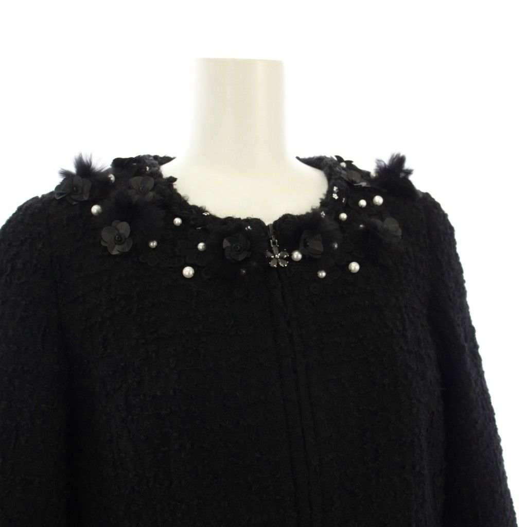 ルネ Rene 25AW ノーカラーコート ツイード ロング 刺繍 ファー 34 黒