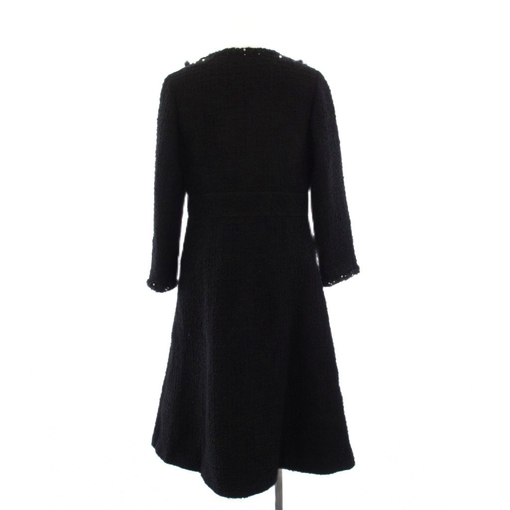 ルネ Rene 25AW ノーカラーコート ツイード ロング 刺繍 ファー 34 黒