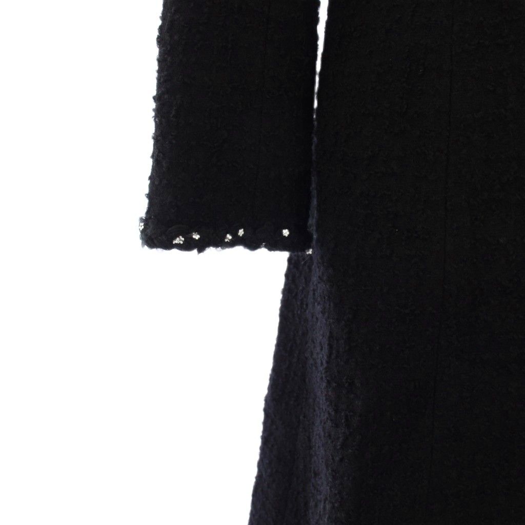 ルネ Rene 25AW ノーカラーコート ツイード ロング 刺繍 ファー 34 黒