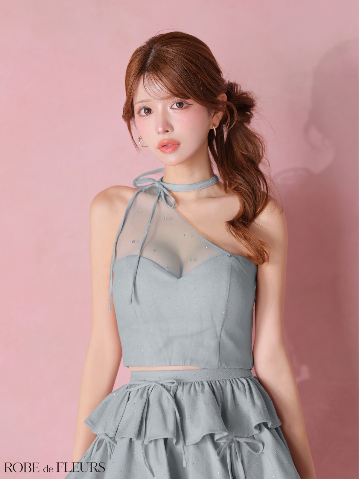 ROBE de FLEURS ストーンワンショルティアードツーピースS ピンク