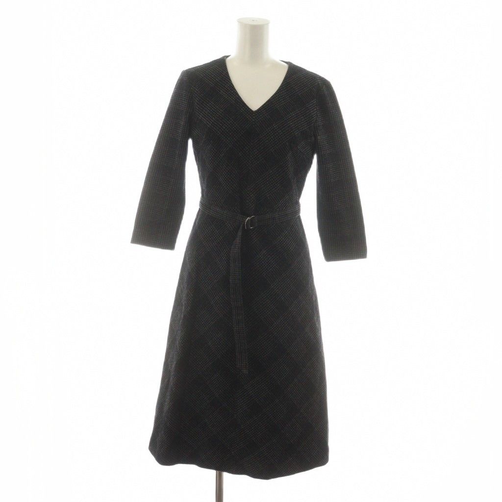 アナイ ANAYI ワンピース ひざ丈 フレア 36 グレー Vネック チェック柄