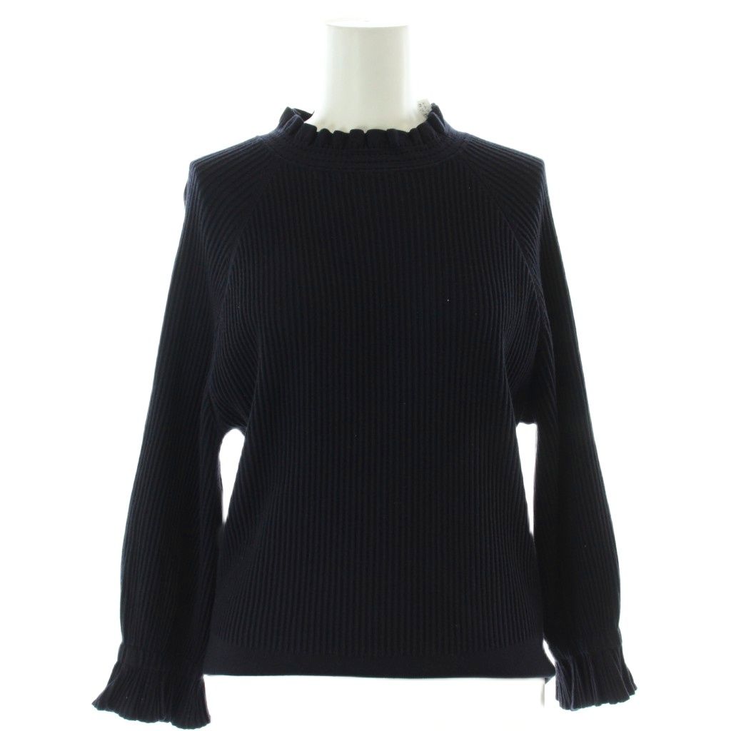 mプルミエ　未使用タグ付きネイビー フリル付き長袖トップス エムプルミエ M-Premier カットソー 38 ネイビー 長袖 フリルネック