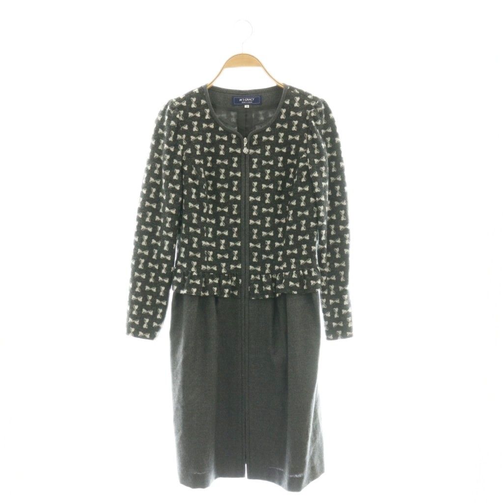 M'S GRACY エムズグレイシー ワンピース ウール リボン 現行タグ38 エムズグレイシー M'S GRACY ウール混 リボン柄 ワンピース ひざ丈 38