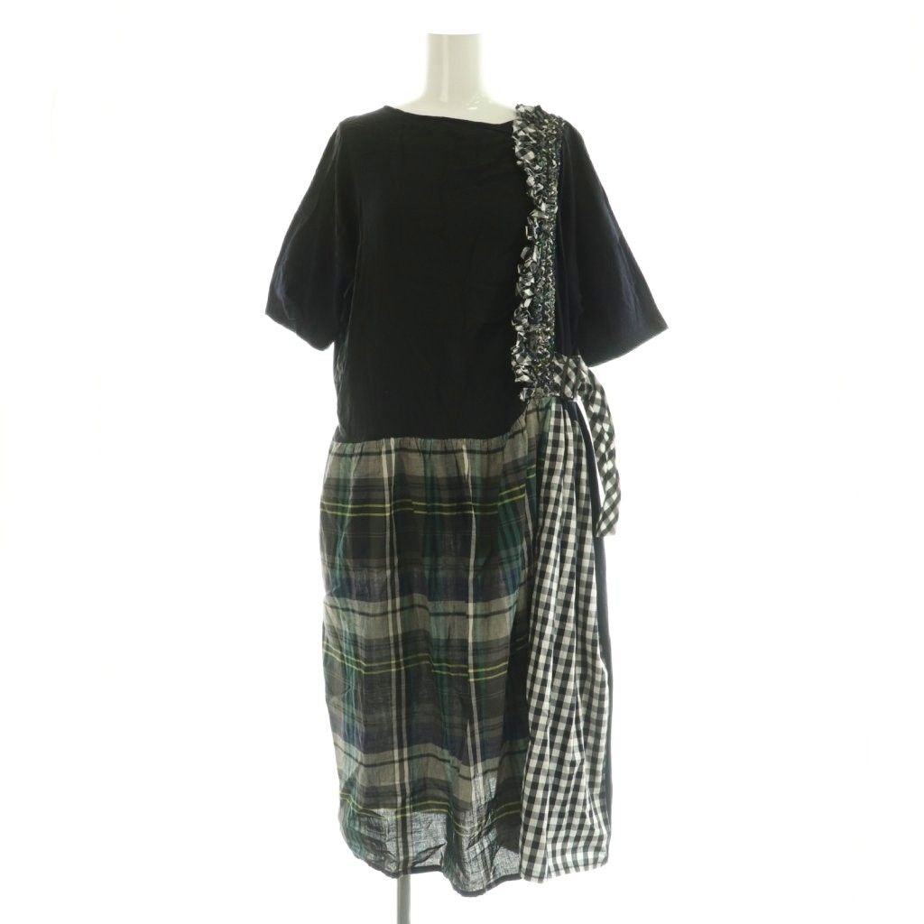 ズッカ zucca 異素材ドッキングワンピース ロング 半袖 チェック M