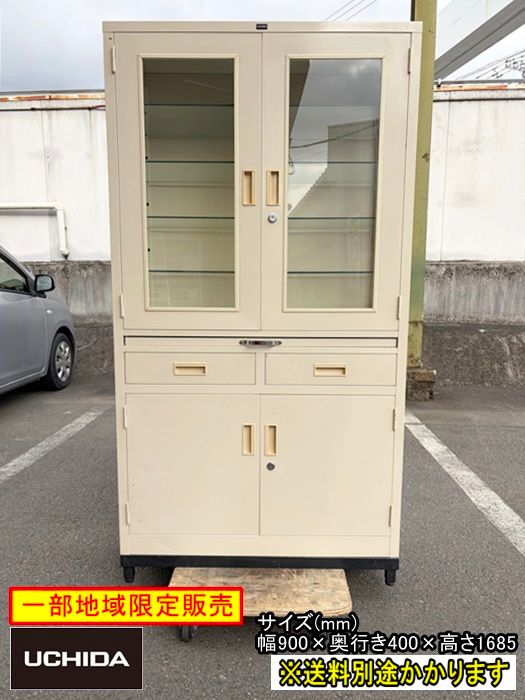 【中古】【一部地域送料無料】ドクターキャビネット　※鍵付き　ガラス棚　アイボリー　収納棚　保管庫　F-NA-860-0129A