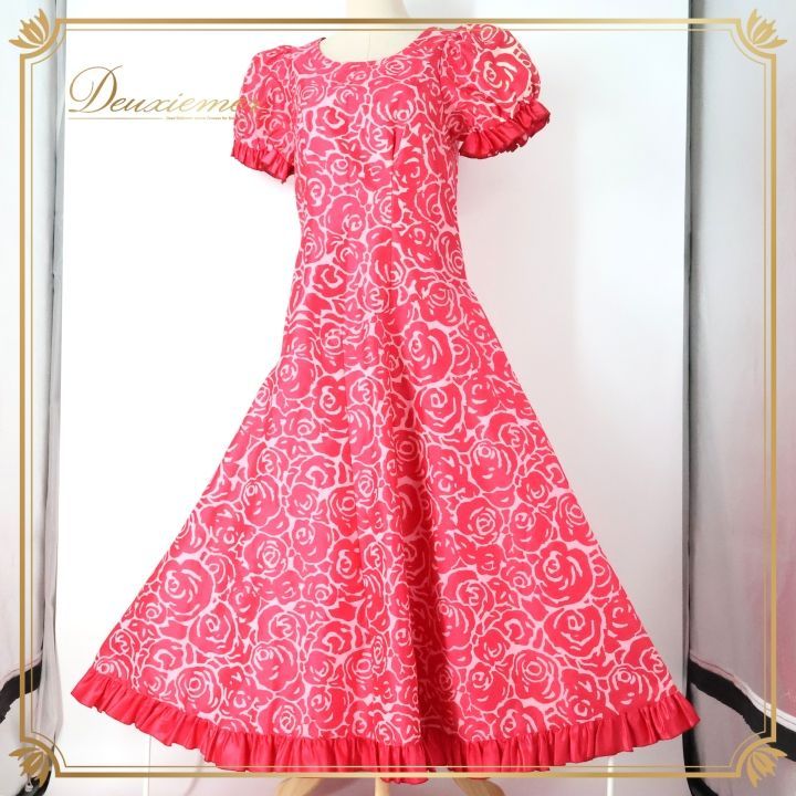 フラダンス 衣装 ワンピース ドレス ピンク系 バラ柄 ロケラニ柄 花柄