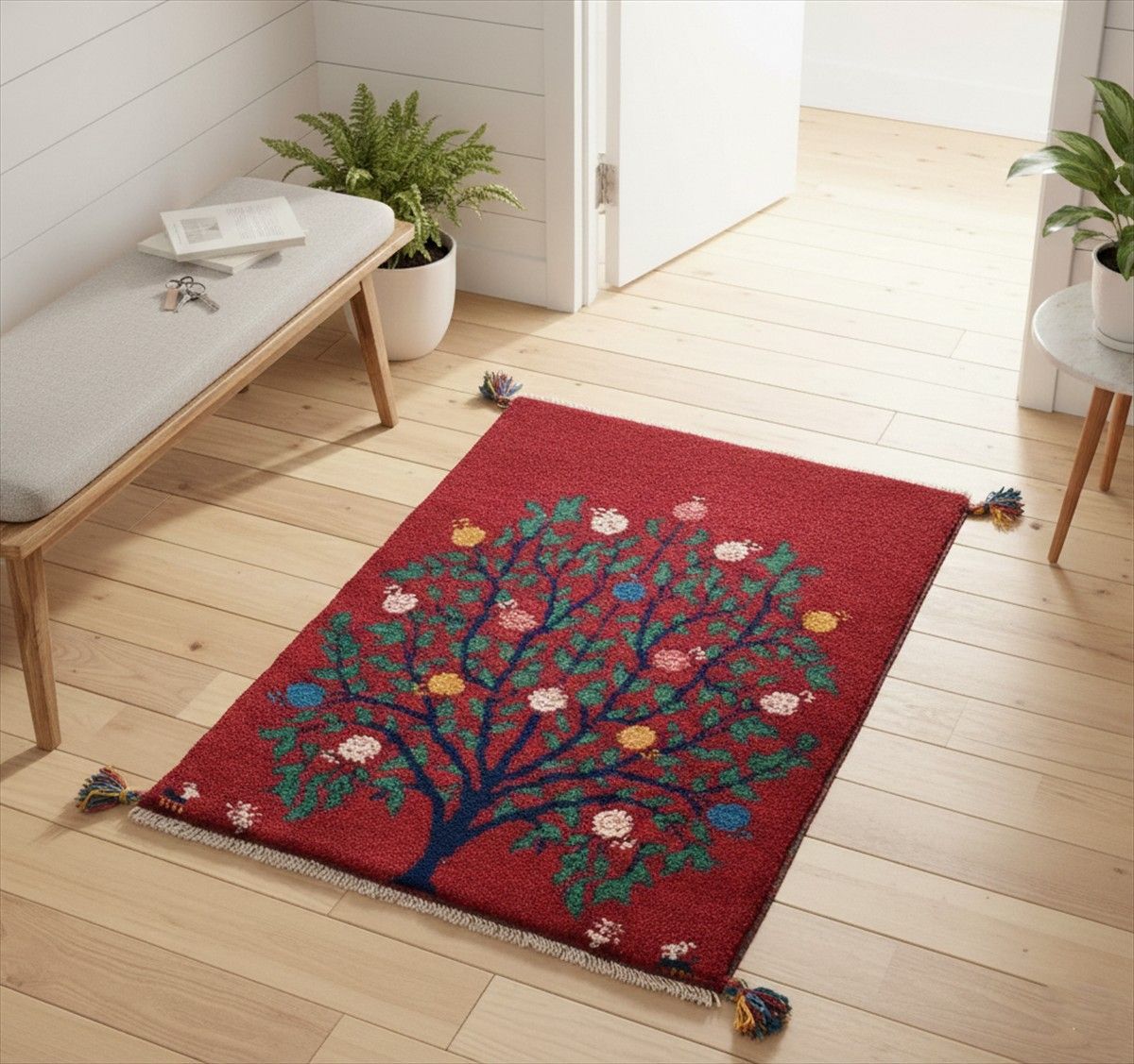 ペルシャ ギャッベ 玄関マット ラグ 85x63㎝ 茜色 ボルドーカラー