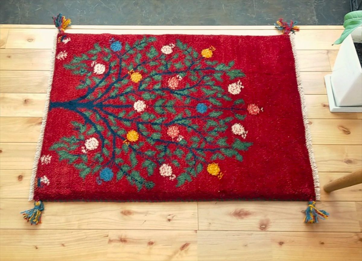 ペルシャ ギャッベ 玄関マット ラグ 85x63㎝ 茜色 ボルドーカラー