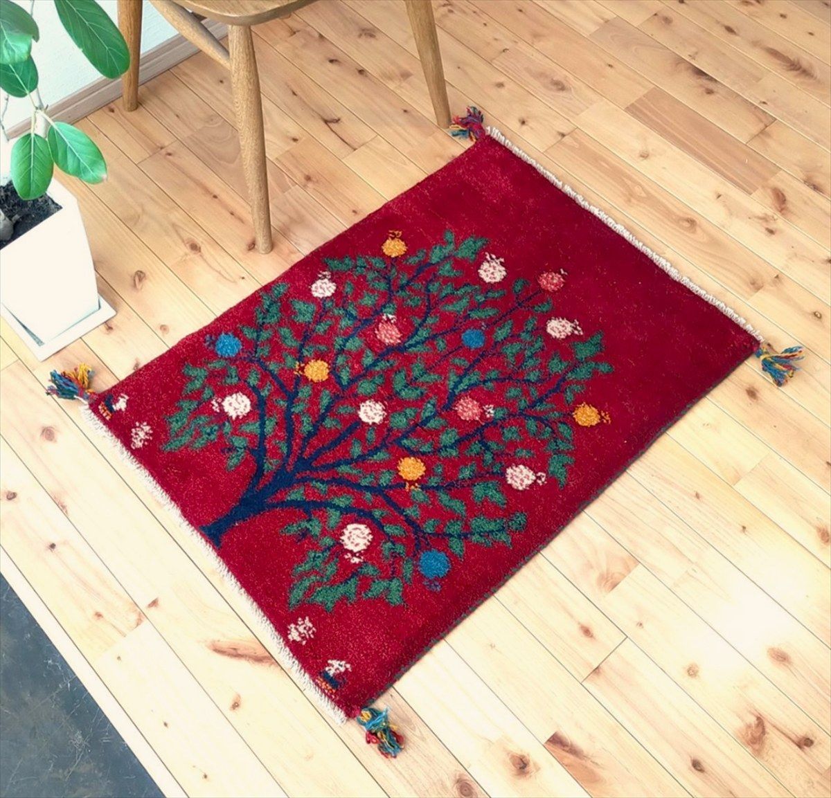 ペルシャ ギャッベ 玄関マット ラグ 85x63㎝ 茜色 ボルドーカラー