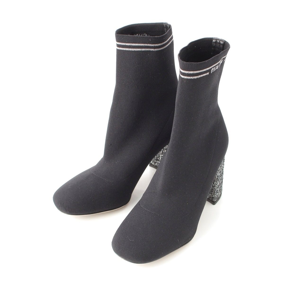 ミュウミュウ 刺繍 ロゴ ラメ グリッターヒール ソックス ショート