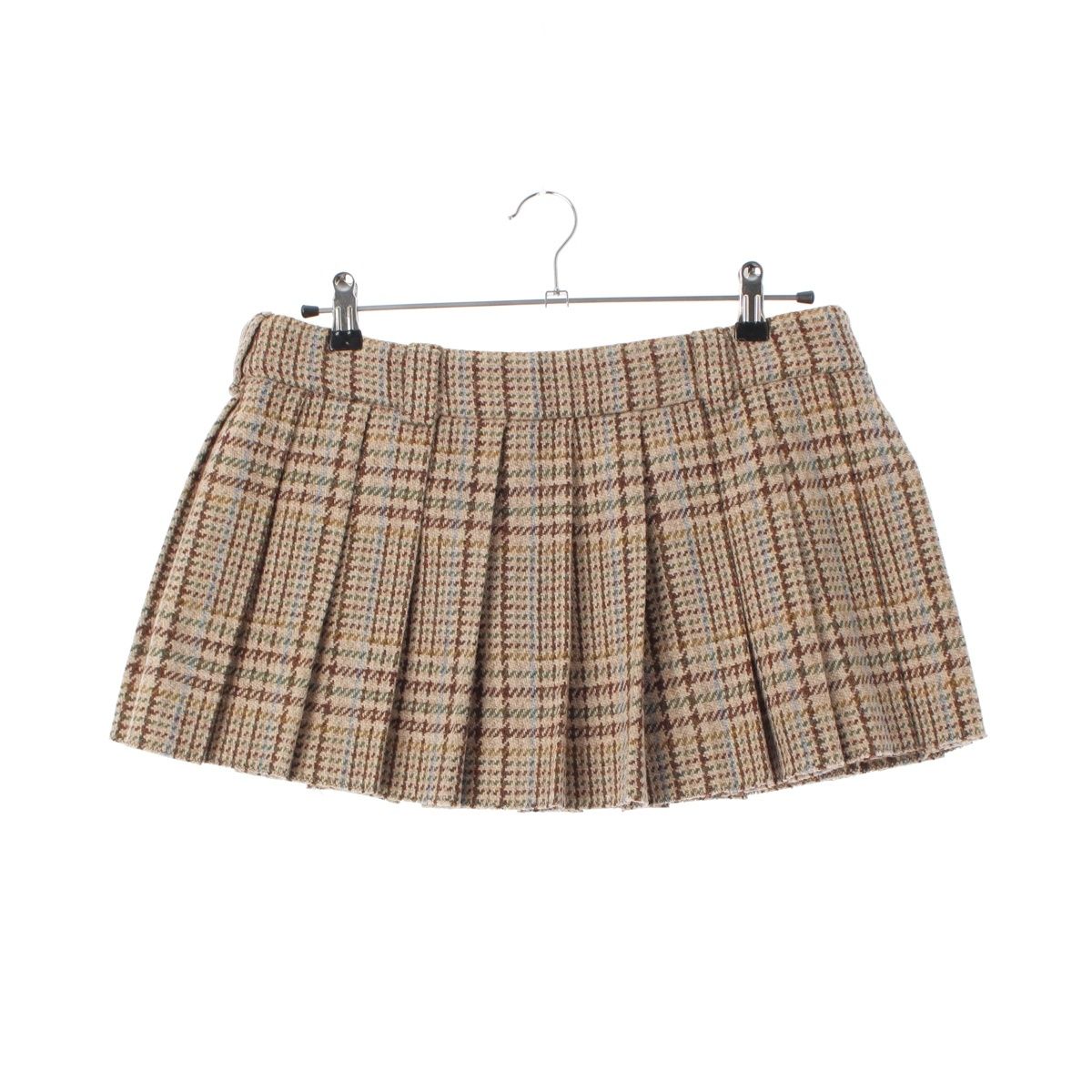 ミュウミュウ 22年 ウール ロゴ チェック プリーツ ミニ スカート