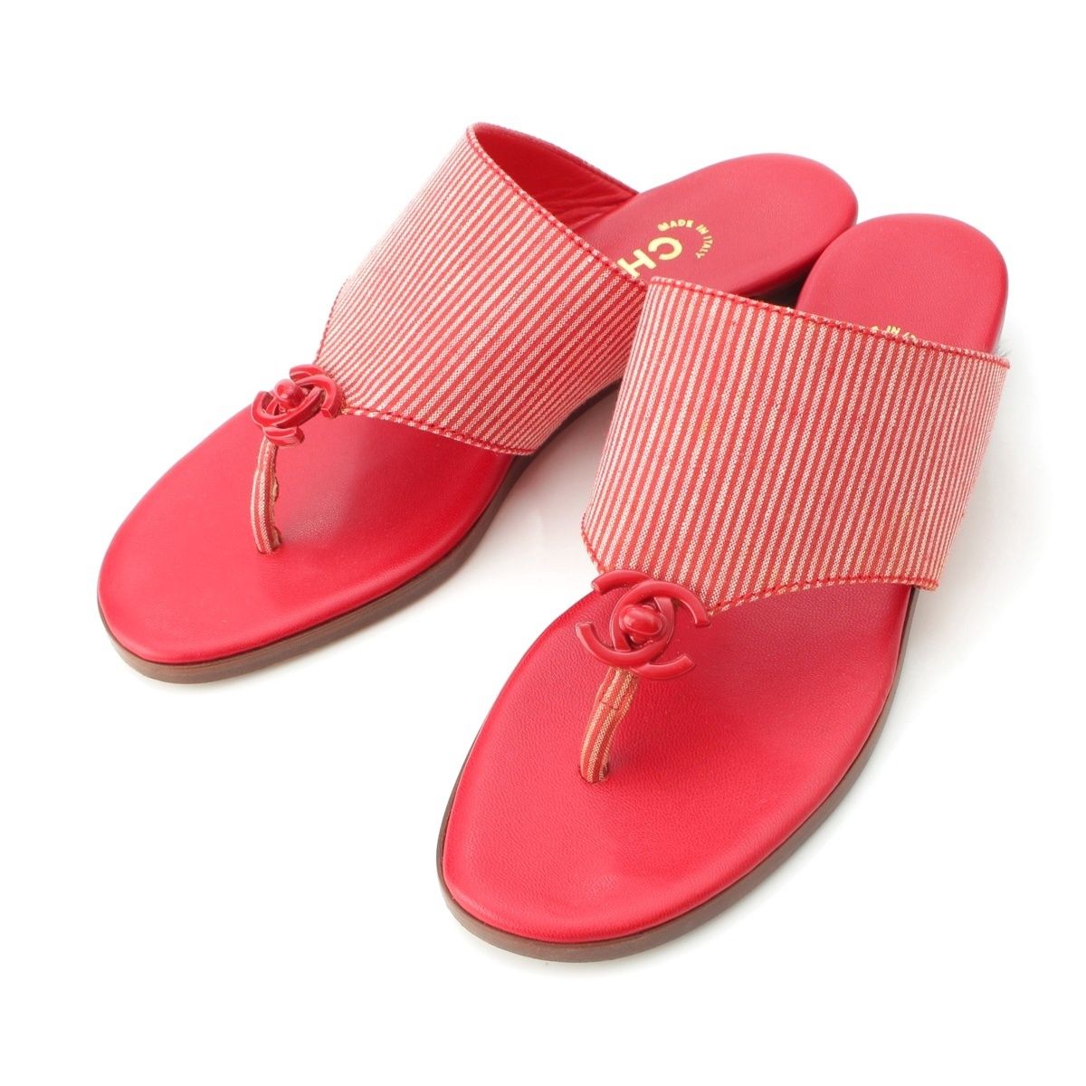 シャネル ターンロック トグル ココマーク ストライプ サンダル レッド