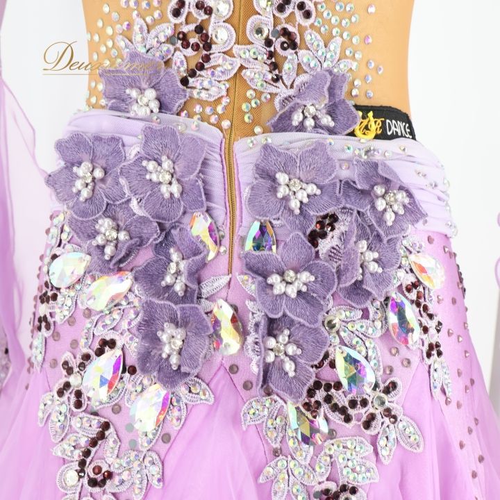 【美品 社交ダンス衣装】ワンピース ドレス un×Ⅱ 紫 ラベンダー 花柄 ラメ 社交ダンス 衣装 スタンダードドレス ワンピース ドレス スタンダード