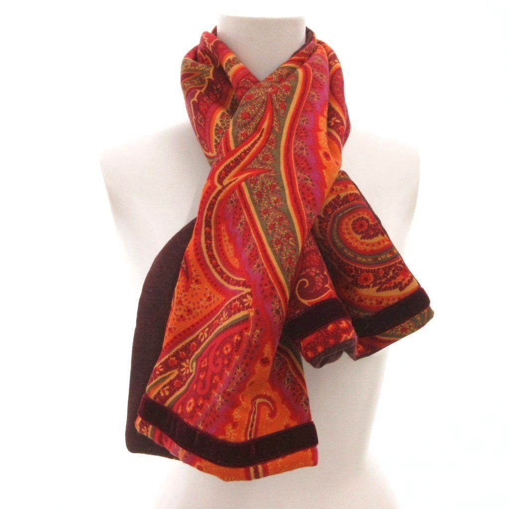 エトロ ETRO マフラー ストール ペイズリー柄 シルク混 ベロア切替 赤