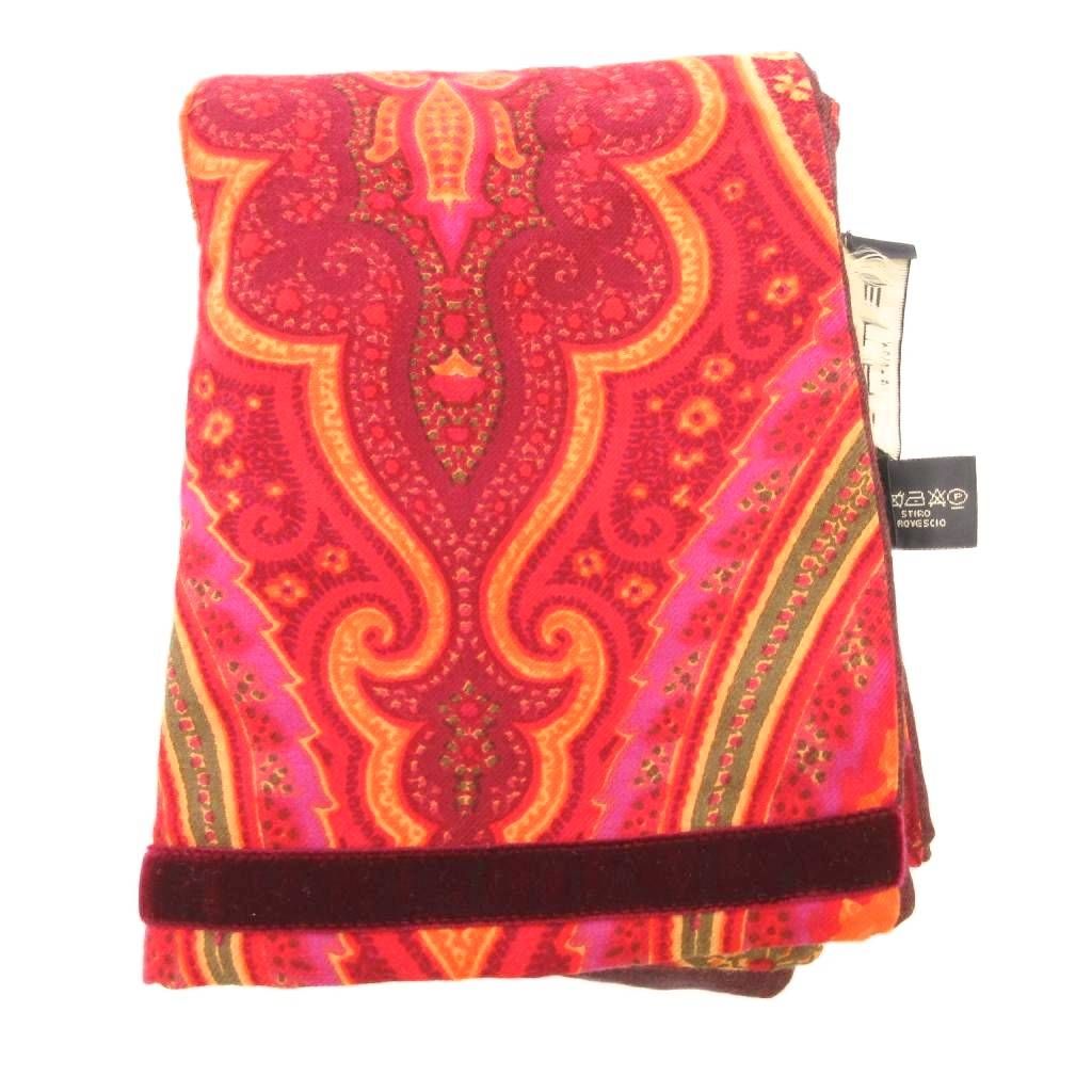 エトロ ETRO ひざかけ マフラー 大判ショール　ストール　ペイズリー　赤 エトロ ETRO マフラー ストール ペイズリー柄 シルク混 ベロア切替 赤