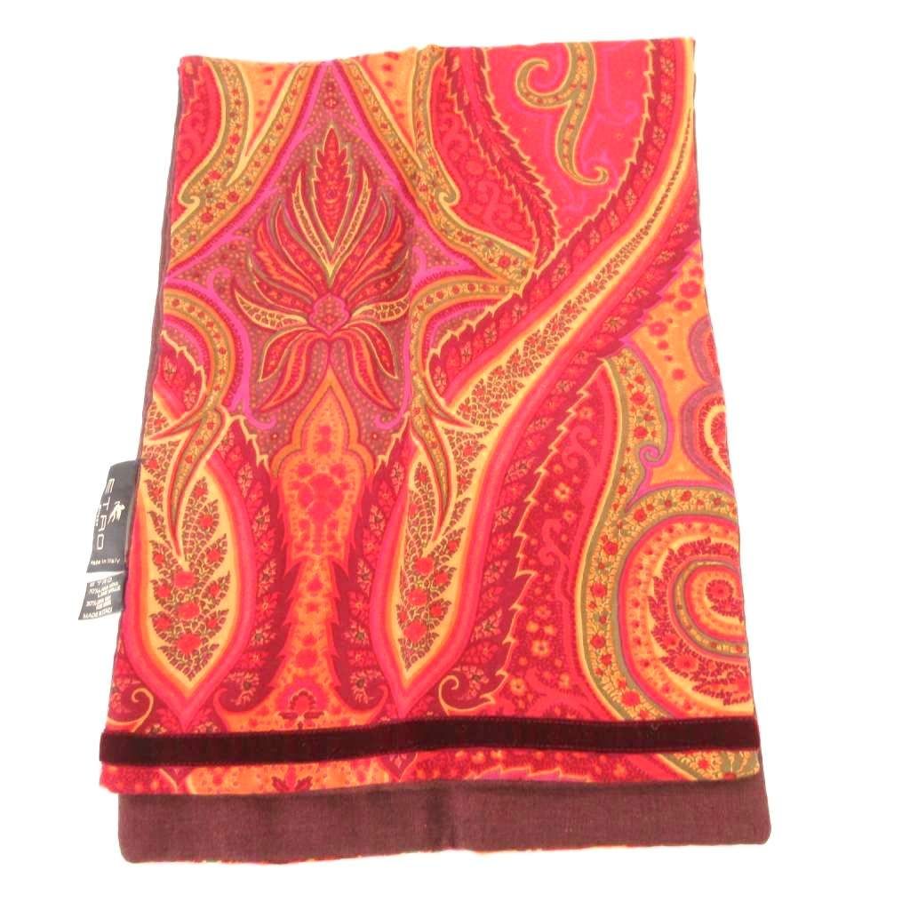 エトロ ETRO マフラー ストール ペイズリー柄 シルク混 ベロア切替 赤