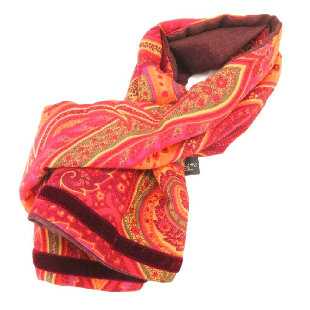エトロ ETRO マフラー ストール ペイズリー柄 シルク混 ベロア切替 赤