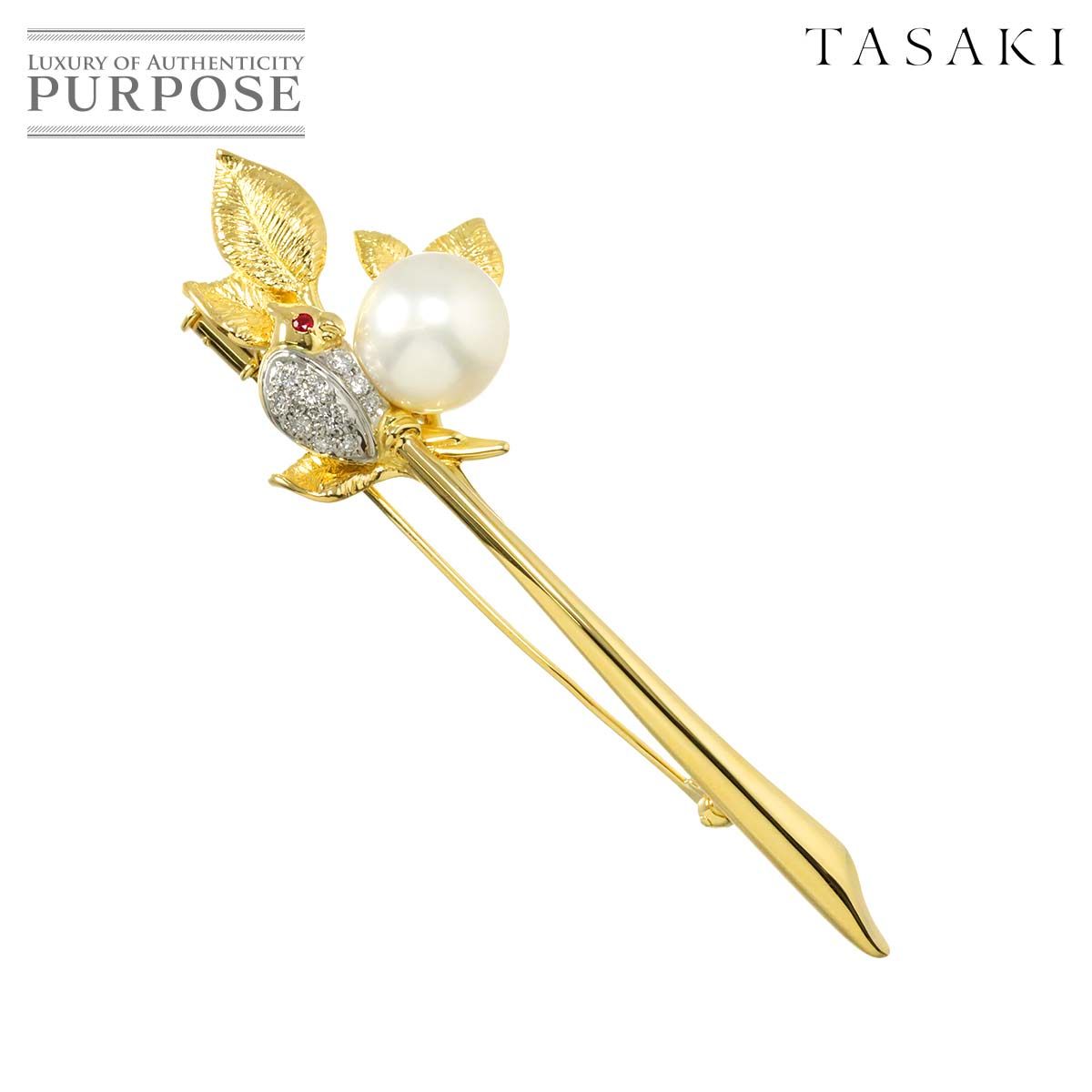 タサキ TASAKI 白蝶真珠 10.8mm ダイヤ 0.16ct ルビー ブローチ K18 YG