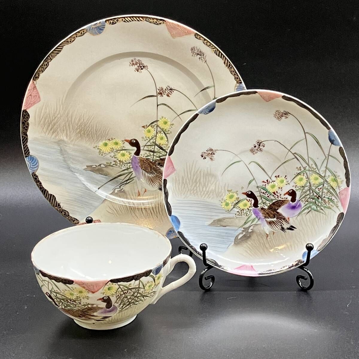 極美品■オールドニッポン 薩摩 エッグシェル 金彩 菖蒲図紋 キャビネットトリオ オールドニッポン 百田 金彩手彩式花鳥図紋 キャビネットトリオ 横浜焼