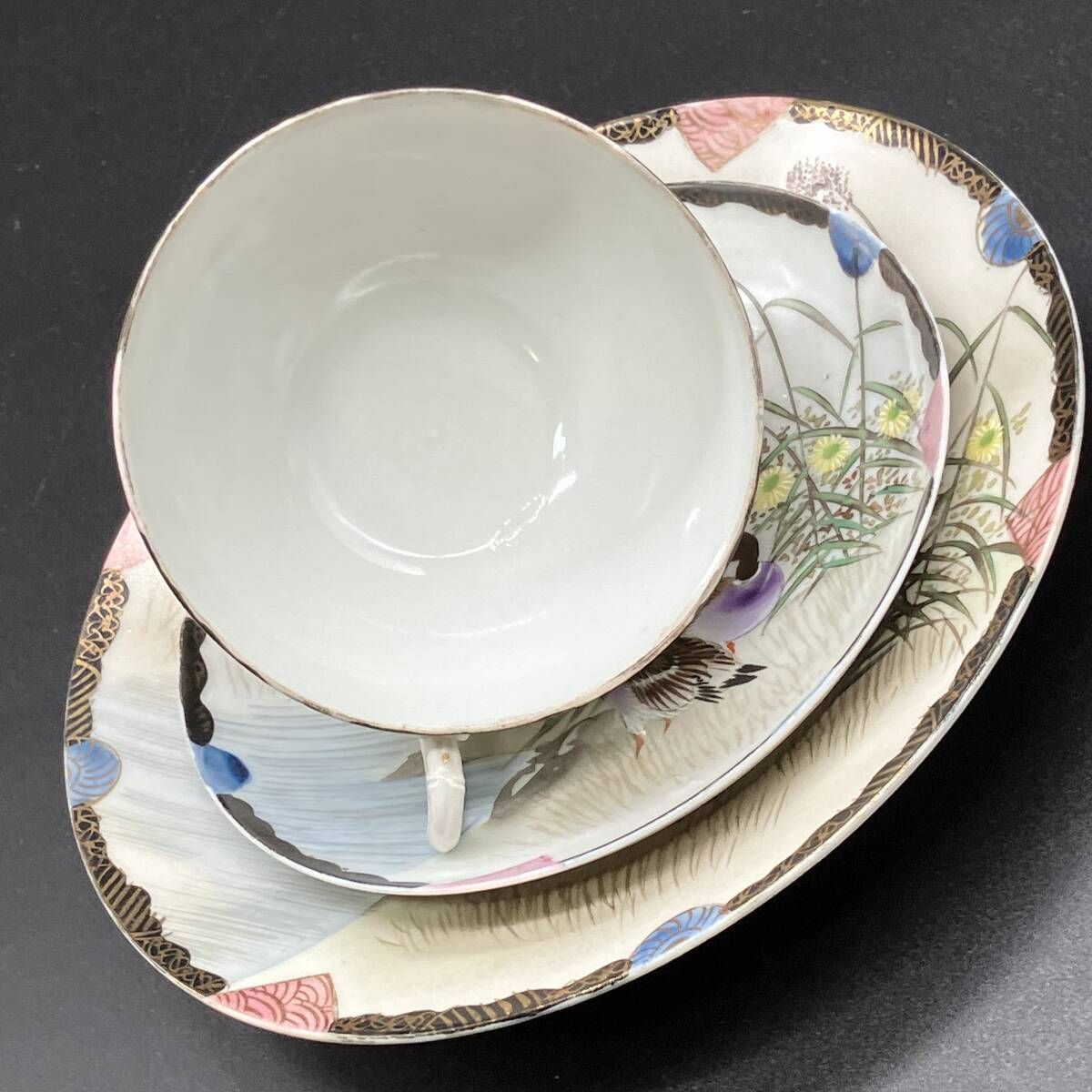 オールドニッポン 百田 金彩手彩式花鳥図紋 キャビネットトリオ 横浜焼