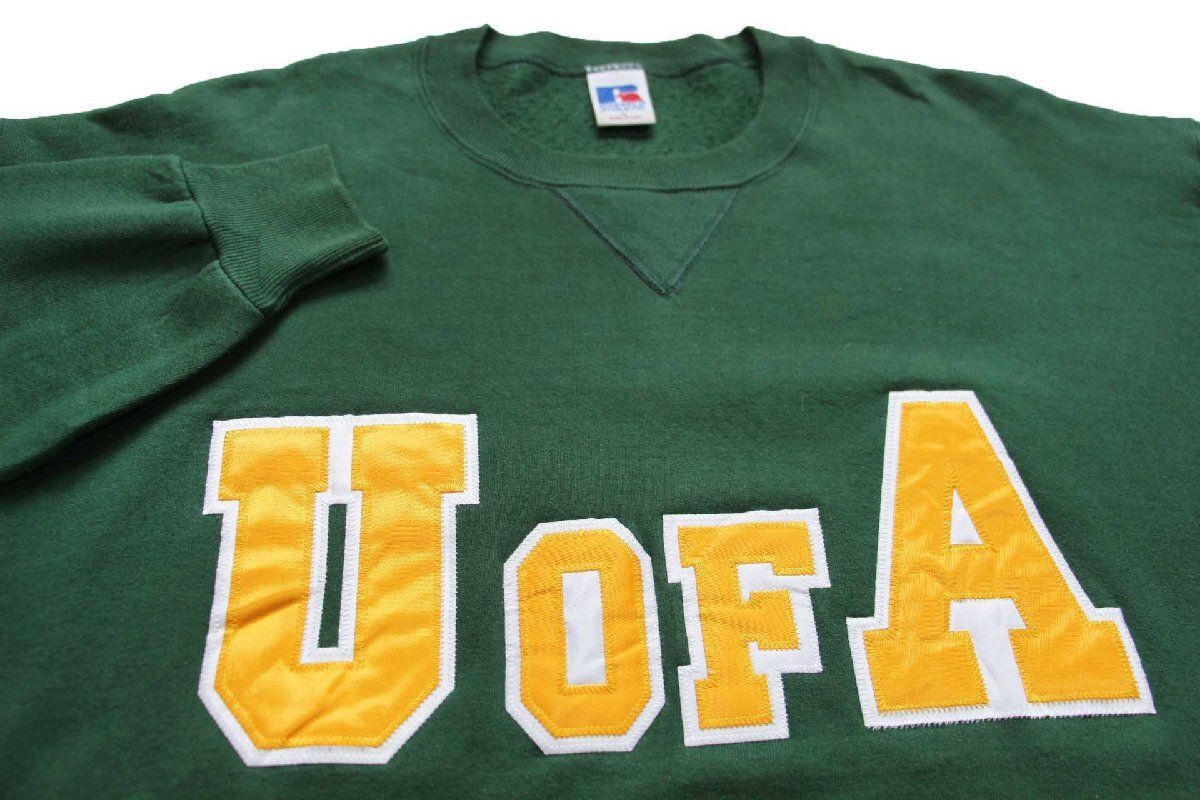 90s USA製 RUSSELLラッセル U OF A アップリケ 前V スウェット 緑 L