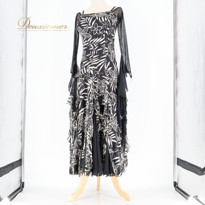 【美品日本製社交ダンス衣装】INTHEMOOD インザムード ドレス ワンピース 社交ダンス 衣装 スタンダードドレス ワンピース ドレス 黒 白 柄 模様