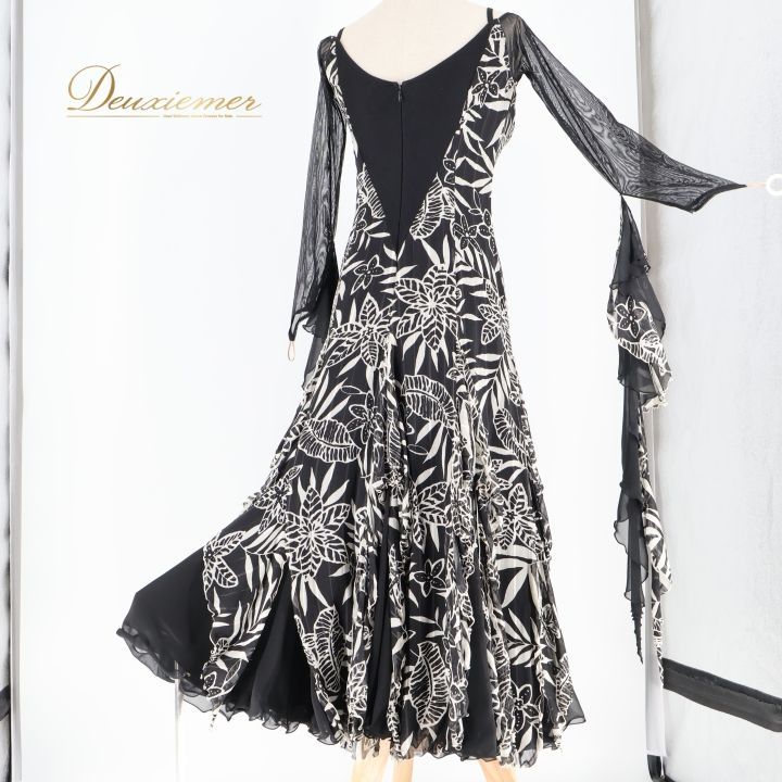 社交ダンス 衣装 スタンダードドレス ワンピース ドレス 黒 白 柄 模様