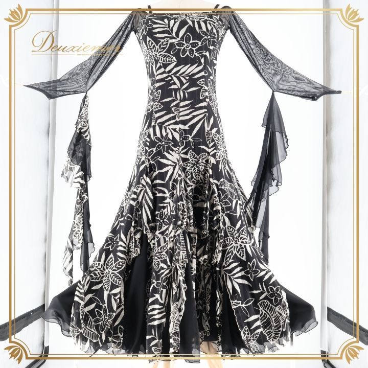 社交ダンス 衣装 スタンダードドレス ワンピース ドレス 黒 白 柄 模様